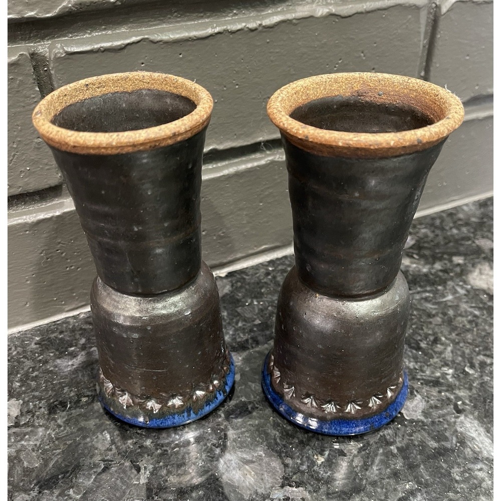Handmade Studio Pottery Goblets Pair Gunmetal Cobalt Blue Stoneware Chalice 4oz - Picture 4 of 16